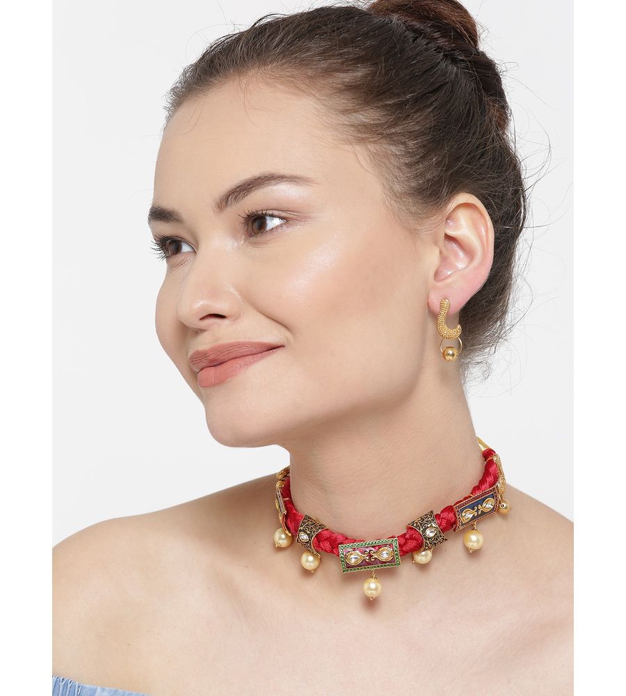 YouBella Red  Gold-Toned Stone-Studded Beaded Jewellery Set